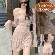 ワンピース ミニワンピ Aライン オフショルワンピ レディース 女性 ミニ丈 フレアワンピース オフショルダー ベルスリーブ フレアスリーブ シャーリング