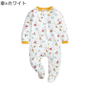 ロンパース ベビー 赤ちゃん 新生児 乳幼児 子供 キッズ 男の子 女の子 長袖 つなぎ カバーオール ラウンドネック 丸首 ファスナー ジップアップ 車 働く車 リーフ ツリー 総柄 可愛い お洒落 子ども服