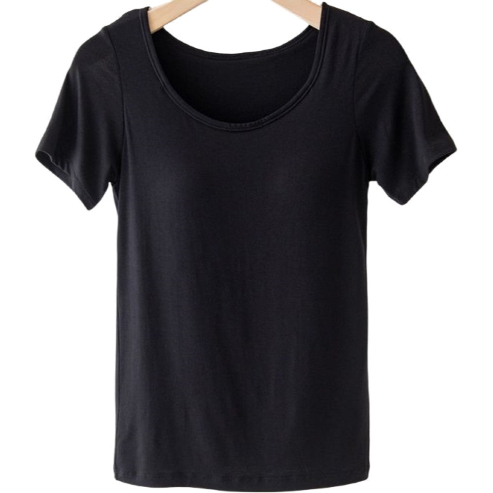 カップ付きTシャツ 半袖 レディース 女性 インナー トップス Tシャツ ラウンドネック 薄手 カップ付きインナー ブラトップ パッド入り 肌着 通気性 無地 シンプル 単色 ソリッドカラー S M L 婦人用