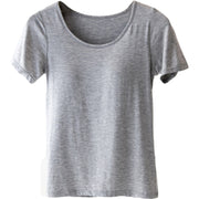 カップ付きTシャツ 半袖 レディース 女性 インナー トップス Tシャツ ラウンドネック 薄手 カップ付きインナー ブラトップ パッド入り 肌着 通気性 無地 シンプル 単色 ソリッドカラー S M L 婦人用