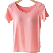カップ付きTシャツ 半袖 レディース 女性 インナー トップス Tシャツ ラウンドネック 薄手 カップ付きインナー ブラトップ パッド入り 肌着 通気性 無地 シンプル 単色 ソリッドカラー S M L 婦人用