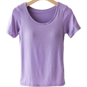 カップ付きTシャツ 半袖 レディース 女性 インナー トップス Tシャツ ラウンドネック 薄手 カップ付きインナー ブラトップ パッド入り 肌着 通気性 無地 シンプル 単色 ソリッドカラー S M L 婦人用