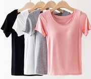 カップ付きTシャツ 半袖 レディース 女性 インナー トップス Tシャツ ラウンドネック 薄手 カップ付きインナー ブラトップ パッド入り 肌着 通気性 無地 シンプル 単色 ソリッドカラー S M L 婦人用