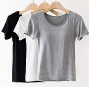 カップ付きTシャツ 半袖 レディース 女性 インナー トップス Tシャツ ラウンドネック 薄手 カップ付きインナー ブラトップ パッド入り 肌着 通気性 無地 シンプル 単色 ソリッドカラー S M L 婦人用