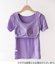 カップ付きTシャツ 半袖 レディース 女性 インナー トップス Tシャツ ラウンドネック 薄手 カップ付きインナー ブラトップ パッド入り 肌着 通気性 無地 シンプル 単色 ソリッドカラー S M L 婦人用