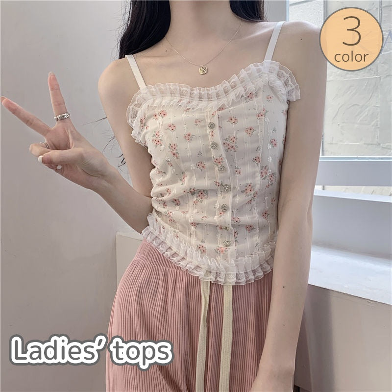 キャミソール カットソー カップ付き レディース 女性 トップス パッド付き 花柄 シャーリング フェイクボタン 普段使い かわいい おしゃれ