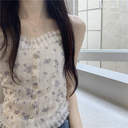 キャミソール カットソー カップ付き レディース 女性 トップス パッド付き 花柄 シャーリング フェイクボタン 普段使い かわいい おしゃれ