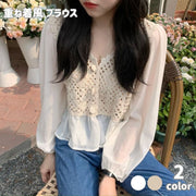ブラウス カーディガン 長袖 レディース ベスト風 ジレ風 かぎ編み針 ニット レイヤード ショート 女性 婦人 重ね着風 お洒落 おしゃれ ナチュラル