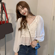 ブラウス カーディガン 長袖 レディース ベスト風 ジレ風 かぎ編み針 ニット レイヤード ショート 女性 婦人 重ね着風 お洒落 おしゃれ ナチュラル