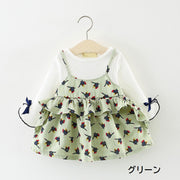 ワンピース 子供 ベビー キッズ 女の子 長袖 ラウンドネック 襟フリル 重ね着風 キャミソールワンピース風 チュニック 袖フリル ギャザー フリル 花柄 リボン ふんわり かわいい キュート 定番 着回し おしゃれ お出かけ