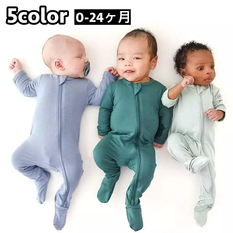 ロンパース ベビー 赤ちゃん 新生児 乳幼児 子供 キッズ 女の子 男の子 長袖 つなぎ カバーオール ラウンドネック 丸首 足付き 足袋 ファスナー ジップアップ シンプル 無地 可愛い お洒落 子ども服