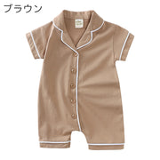 ロンパース カバーオール つなぎ パジャマ ルームウェア 子供服 ベビー キッズ 半袖 半ズボン 襟付き 前開き ボタン 男の子 女の子 部屋着 ナイトウェア 無地 単色 シンプル