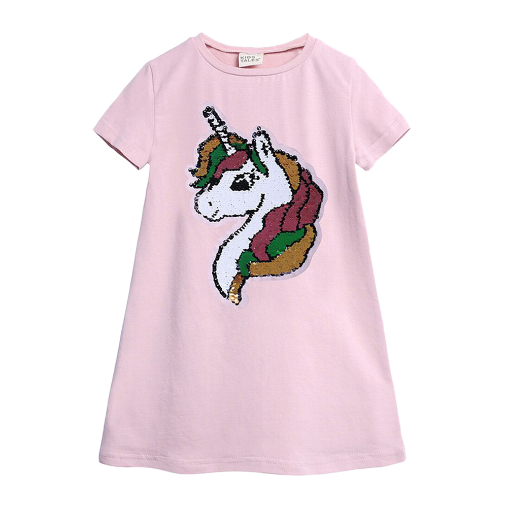 ワンピース 半袖 クルーネック 丸首 Tシャツワンピース ワンピ 色が変わる キッズ 子供服 女の子 ハート ユニコーン スパンコール かわいい おしゃれ カジュアル