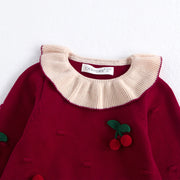 ワンピース ニット 子供服 キッズ ジュニア ベビー 女の子 長袖 サクランボ さくらんぼ チェリー フリル襟 膝丈 おしゃれ かわいい お出かけ イベント きれいめ 上品 女児 子ども こども