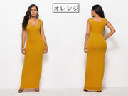 ワンピース ノースリーブ ロング丈 マキシ丈 ラウンドネック レディース タイトスカート スリム スレンダー シンプル 無地 単色 ソリッドカラー 女性用 婦人用 S M L XL カラバリ豊富