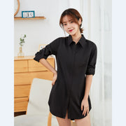 シャツ 長袖 レディース 婦人服 Tシャツ トップス ブラウス 襟付き スタンダードカラー 着丈長め 前ボタン シンプル 無地 スリム 単色 おしゃれ トラッド オーソドックス かっこいい キレイめ系 オフィスファッション ユニフォーム 仕事着 大きいサイズ