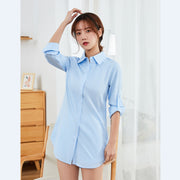 シャツ 長袖 レディース 婦人服 Tシャツ トップス ブラウス 襟付き スタンダードカラー 着丈長め 前ボタン シンプル 無地 スリム 単色 おしゃれ トラッド オーソドックス かっこいい キレイめ系 オフィスファッション ユニフォーム 仕事着 大きいサイズ