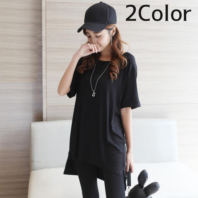 チュニック カットソー Tシャツ 半袖 ラウンドネック レディース トップス スリット 後ろ長め 春夏 無地 シンプル カジュアル お出かけ おしゃれ 普段着