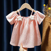 ブラウス 半袖 キッズ ベビー 女の子 子供服 トップス プルオーバー オフショルダー フレア Aライン ゆったり 肩出し 肩紐