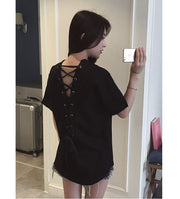 半袖カットソー クロスオーバー Vネック Tシャツ バックレースアップ レディース 婦人服 女性 おしゃれ セクシー 背中見せ 二の腕カバー カジュアル デイリー キュート かわいい フェミニン 大きいサイズ