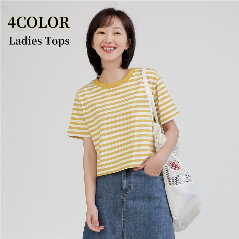 Tシャツ 半袖 トップス ラウンドネック ショート丈 ボーダー レディース 女性 おしゃれ シンプル かわいい 定番 ベーシック 着回し 短め丈 カジュアル デイリー ヘビロテ 婦人用