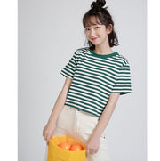 Tシャツ 半袖 トップス ラウンドネック ショート丈 ボーダー レディース 女性 おしゃれ シンプル かわいい 定番 ベーシック 着回し 短め丈 カジュアル デイリー ヘビロテ 婦人用