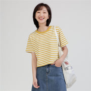 Tシャツ 半袖 トップス ラウンドネック ショート丈 ボーダー レディース 女性 おしゃれ シンプル かわいい 定番 ベーシック 着回し 短め丈 カジュアル デイリー ヘビロテ 婦人用