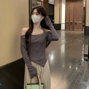 カットソー 長袖 オフショルダー ホルターネック レディース 女性 婦人服 トップス アシンメトリー 無地 単色 おしゃれ かわいい