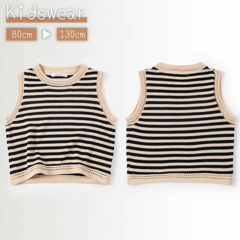 ベスト キッズ ベビー 男の子 女の子 子供服 キッズウェア トップス ニット ノースリーブ クルーネック ボーダー 縞々 プルオーバー シンプル おしゃれ