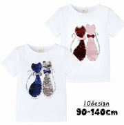 半袖Ｔシャツ キッズ ベビー 子供服 こども服 スパンコール 猫 ねこ ネコ 星 スター Ｔシャツ ラウンドネック プルオーバー おしゃれ 女の子 女児 80 90 100 110 120 130 140