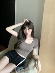 カットソー レディース 女性 トップス 半袖 Uネック ショート丈 無地 単色 定番 着回し フィット セクシー シンプル かわいい カジュアル おしゃれ お出かけ プルオーバー