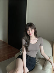 カットソー レディース 女性 トップス 半袖 Uネック ショート丈 無地 単色 定番 着回し フィット セクシー シンプル かわいい カジュアル おしゃれ お出かけ プルオーバー