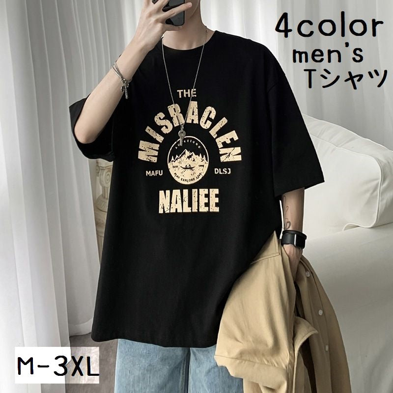 Tシャツ 半袖 トップス メンズ 男性 ラウンドネック 丸首 大きいサイズ クルーネック プリント 定番 着回し 普段着 シンプル カジュアル アウトドア