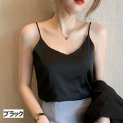 キャミソール レディース 婦人服 トップス インナー Vネック ノースリーブ シンプル 無地 単色 エレガント 上品 光沢感 おしゃれ かわいい 通勤 オフィスファッション ビジネス ホワイト ブラック ベージュ