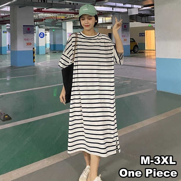 ワンピース ロング丈 半袖 5分袖 レディース 女性 ラウンドネック Tシャツワンピ ゆったり ラフ ボーダー柄 縞々 カジュアル かわいい 婦人服 大きいサイズ