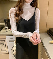 カットソー 長袖 トップス ハイネック レディース 女性 大きいサイズ シースルー 透け感 薄手 タートルネック フリル 無地 重ね着 おしゃれ かわいい きれいめ