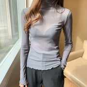 カットソー 長袖 トップス ハイネック レディース 女性 大きいサイズ シースルー 透け感 薄手 タートルネック フリル 無地 重ね着 おしゃれ かわいい きれいめ