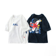 Tシャツ ラウンドネック クルーネック 半袖 キッズ ジュニア 男の子 女の子 プリント 飛行機 子ども服 夏服 かわいい 普段着 デイリー