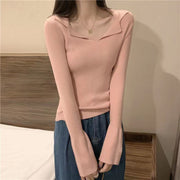 ニット セーター 長袖 レディース 女性 トップス Vネック 襟付き タイト リブニット プルオーバー 無地 単色 シンプル かわいい きれいめ おしゃれ 着回し