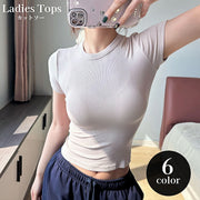カットソー Tシャツ 半袖 レディース 女性 トップス リブ ラウンドネック プルオーバー スリム シンプル 着回し カジュアル 婦人服