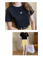 Tシャツ カットソー 半袖 レディース 女性 女子 大きいサイズ トップス プルオーバー クルーネック ラウンドネック 王冠 ワンポイント 無地 単色 スリム フィット感 シンプル ベーシック カジュアル 春夏 着回し力 定番 ブラック ホワイト グレー 黒 白