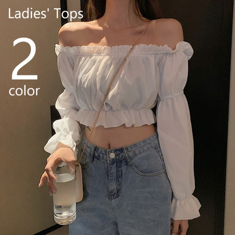 ブラウス 長袖 レディース 女性用 トップス シャツ オフショルダー 肩出し 肩見せ へそ出し ミニ丈 肌魅せ フリル 無地 ゆったり かわいい おしゃれ フェミニン セクシー 大人 婦人服