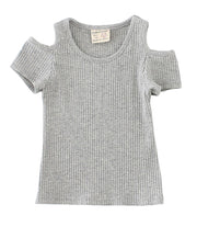 カットソー キッズ ベビー 子供服 女の子 トップス 夏服 半袖 肩出し クルーネック リブ カジュアル 無地 かわいい シンプル お出かけ 定番 グレー ベージュ ピンク