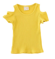 カットソー キッズ ベビー 子供服 女の子 トップス 夏服 半袖 肩出し クルーネック リブ カジュアル 無地 かわいい シンプル お出かけ 定番 グレー ベージュ ピンク