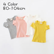 カットソー キッズ ベビー 子供服 女の子 トップス 夏服 半袖 肩出し クルーネック リブ カジュアル 無地 かわいい シンプル お出かけ 定番 グレー ベージュ ピンク