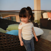 カットソー キッズ ベビー 子供服 女の子 トップス 夏服 半袖 肩出し クルーネック リブ カジュアル 無地 かわいい シンプル お出かけ 定番 グレー ベージュ ピンク