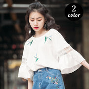 ブラウス 七分袖 レディース 夏服 クルーネック トップス 花柄 ラッパ袖 かわいい おしゃれ お出かけ 通勤 女の子 女性用 婦人用 グレー ホワイト
