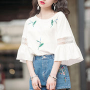 ブラウス 七分袖 レディース 夏服 クルーネック トップス 花柄 ラッパ袖 かわいい おしゃれ お出かけ 通勤 女の子 女性用 婦人用 グレー ホワイト