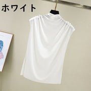 Tシャツ カットソー 半袖 ノースリーブ ハイネック レディース トップス ゆったり ファッション 夏服 シンプル 無地 黒 ピンク M-XL