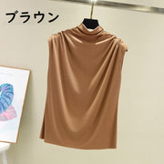 Tシャツ カットソー 半袖 ノースリーブ ハイネック レディース トップス ゆったり ファッション 夏服 シンプル 無地 黒 ピンク M-XL